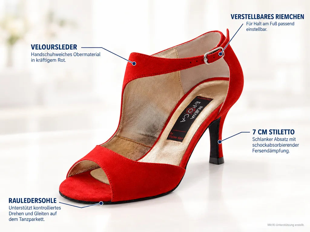 Nueva Epoca Damen Tanzschuhe Linea – Produktinfografik, mit KI-Unterstützung erstellt.