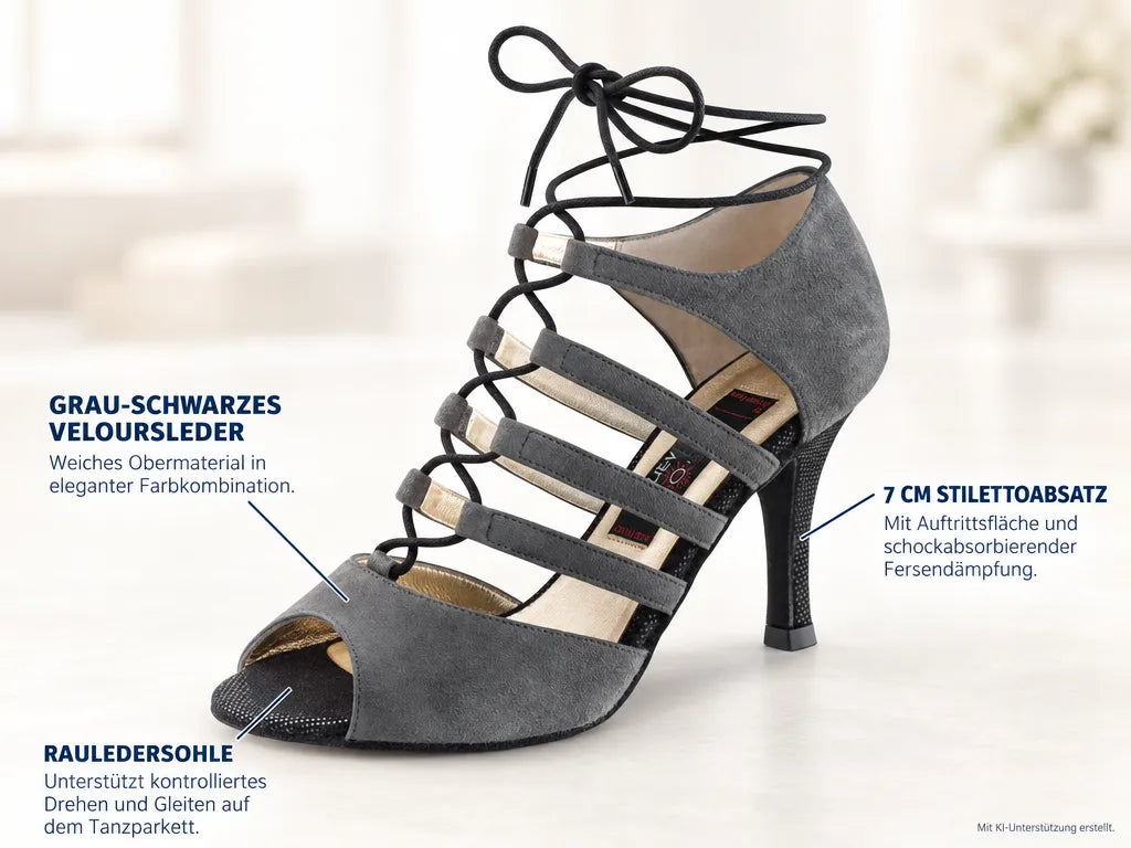Nueva Epoca Damen Tanzschuhe Lydia – Produktinfografik, mit KI-Unterstützung erstellt.