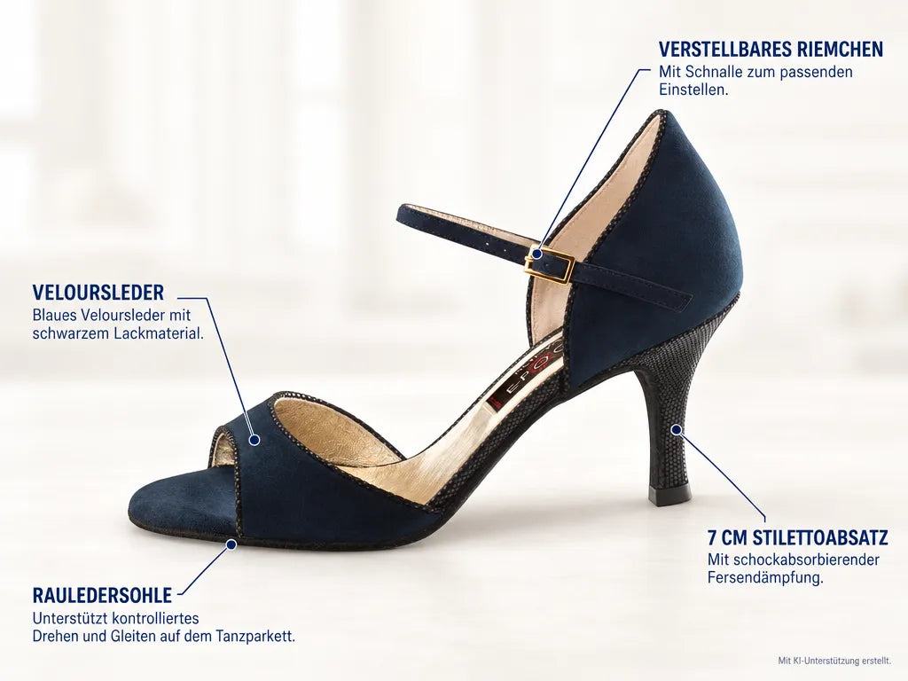 Nueva Epoca Damen Tanzschuhe Nanda – Produktinfografik, mit KI-Unterstützung erstellt.