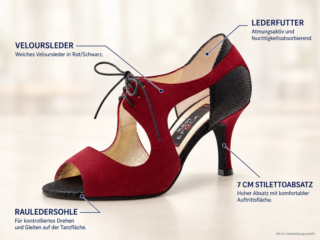 Nueva Epoca Damen Tanzschuhe Nesrin – Produktinfografik, mit KI-Unterstützung erstellt.