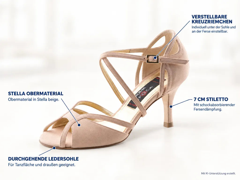Nueva Epoca Damen Tanzschuhe Ornella LS – Produktinfografik, mit KI-Unterstützung erstellt.