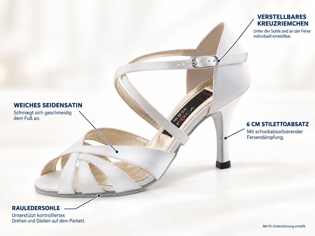Nueva Epoca Damen Tanzschuhe Paris – Produktinfografik, mit KI-Unterstützung erstellt.