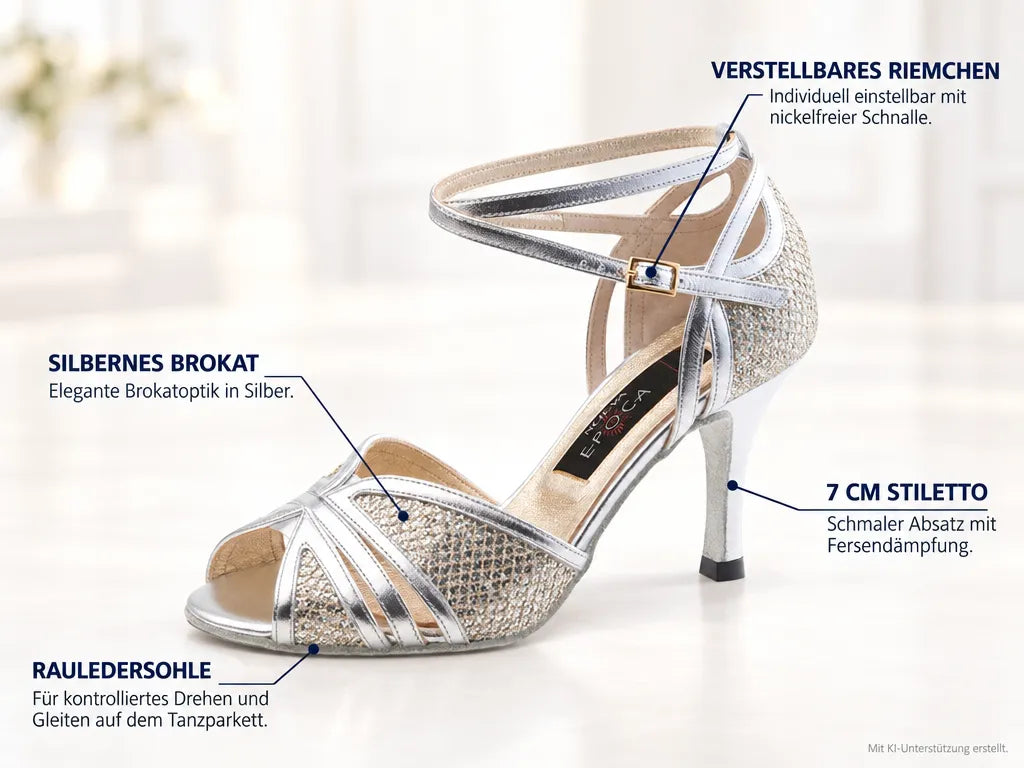 Nueva Epoca Damen Tanzschuhe Pearl – Produktinfografik, mit KI-Unterstützung erstellt.