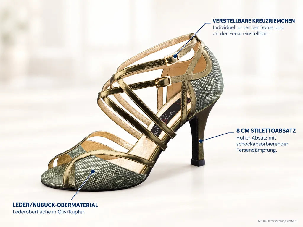 Nueva Epoca Damen Tanzschuhe Penelope – Produktinfografik, mit KI-Unterstützung erstellt.