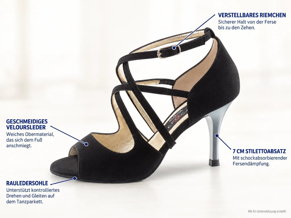 Nueva Epoca Damen Tanzschuhe Riana – Produktinfografik, mit KI-Unterstützung erstellt.
