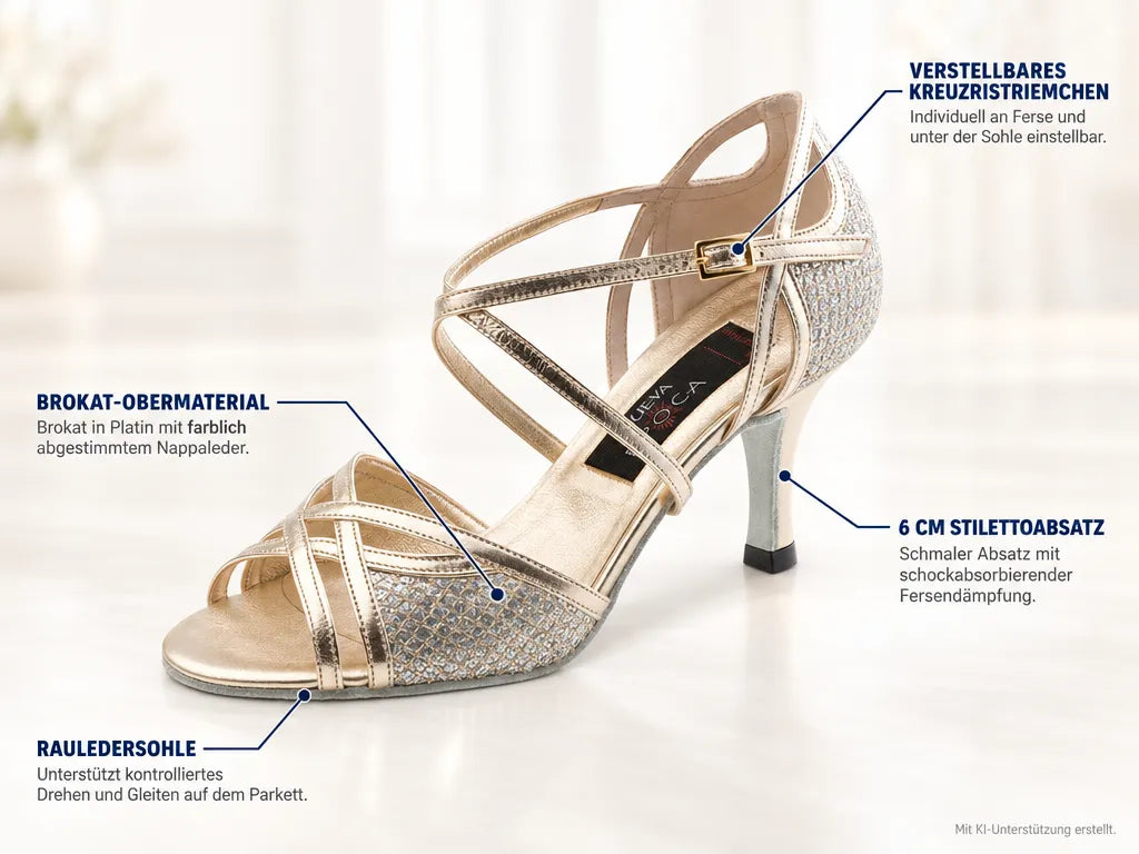 Nueva Epoca Damen Tanzschuhe Rose – Produktinfografik, mit KI-Unterstützung erstellt.