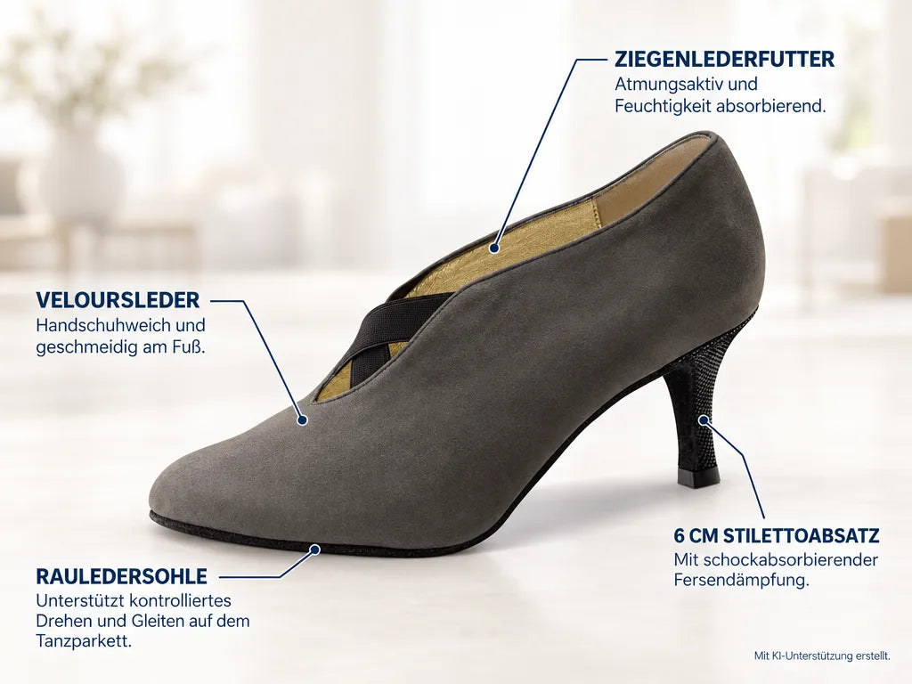 Nueva Epoca Damen Tanzschuhe Sakura – Produktinfografik, mit KI-Unterstützung erstellt.