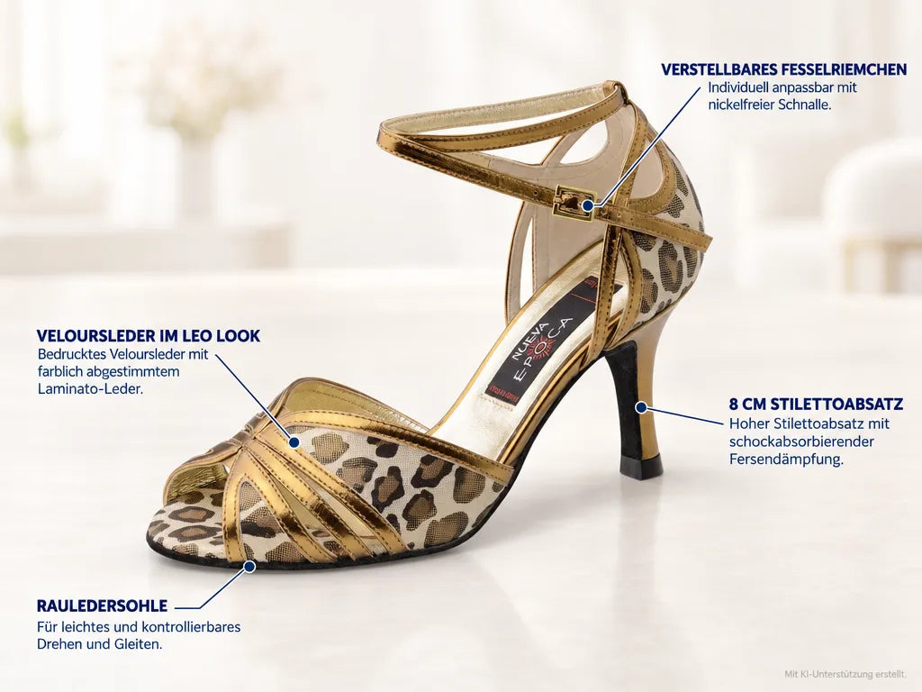 Nueva Epoca Damen Tanzschuhe Saskia – Produktinfografik, mit KI-Unterstützung erstellt.