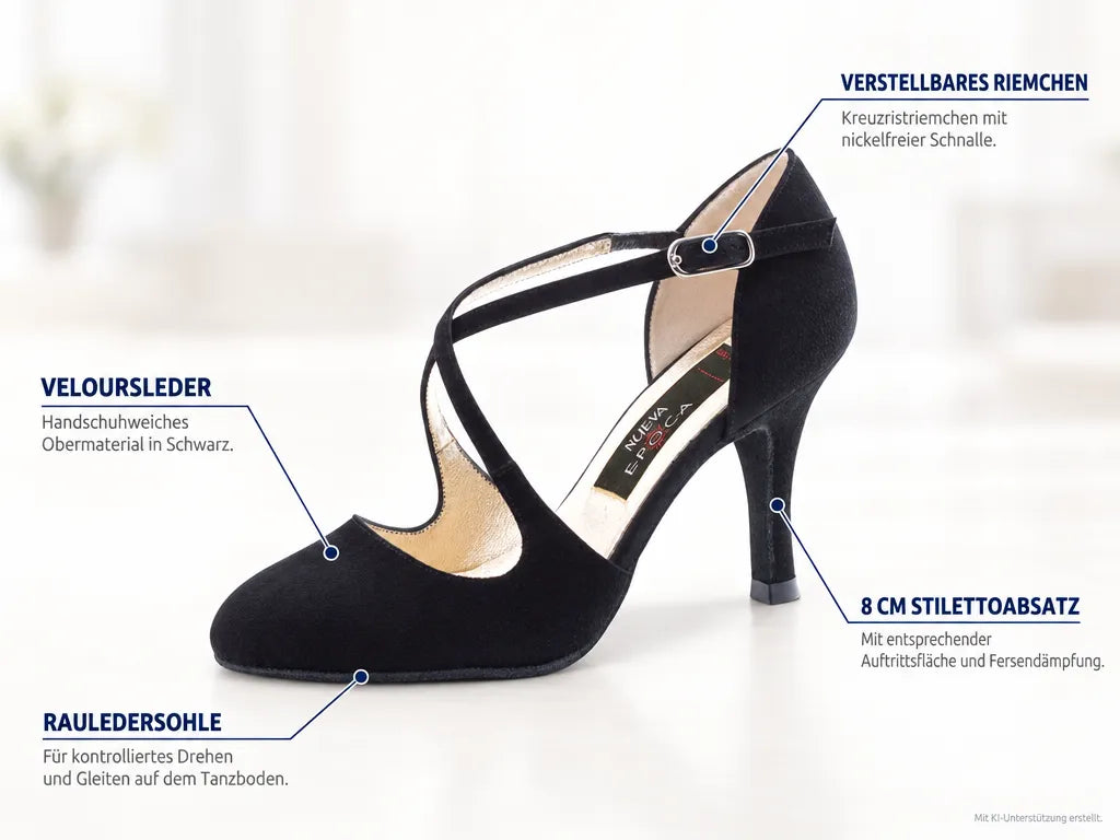 Nueva Epoca Damen Tanzschuhe Serena – Produktinfografik, mit KI-Unterstützung erstellt.
