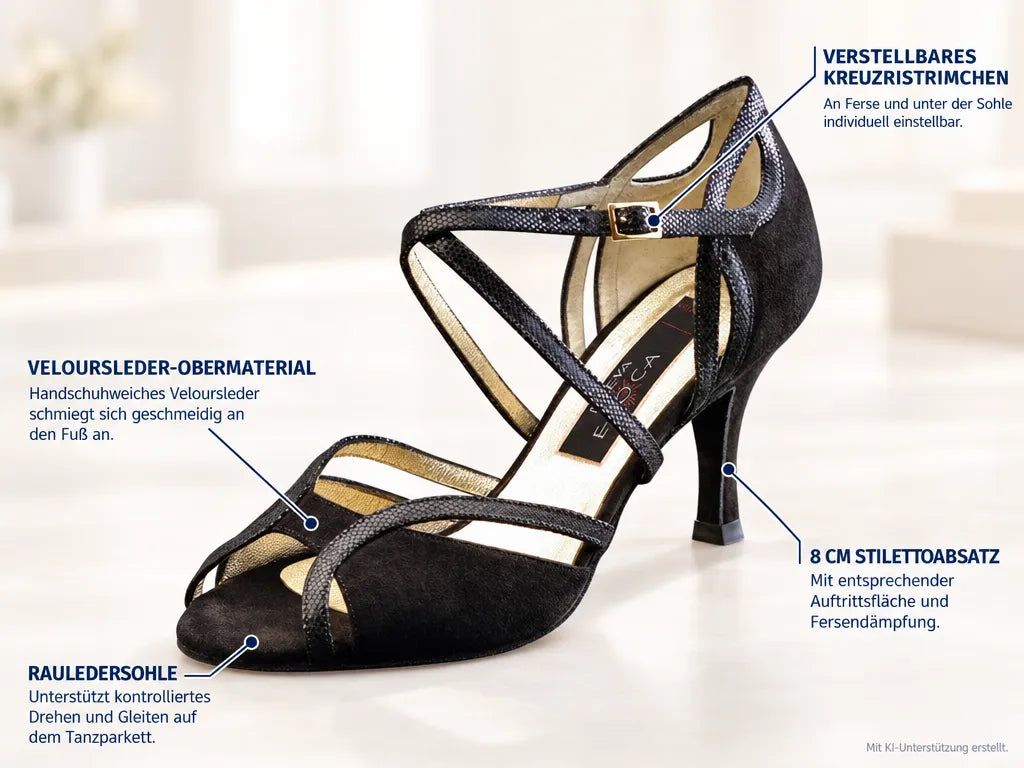 Nueva Epoca Damen Tanzschuhe Shakira – Produktinfografik, mit KI-Unterstützung erstellt.