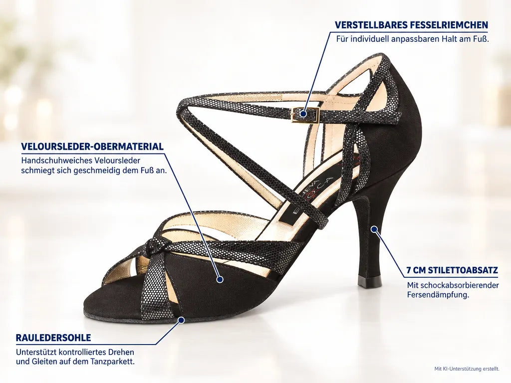 Nueva Epoca Damen Tanzschuhe Sienna – Produktinfografik, mit KI-Unterstützung erstellt.