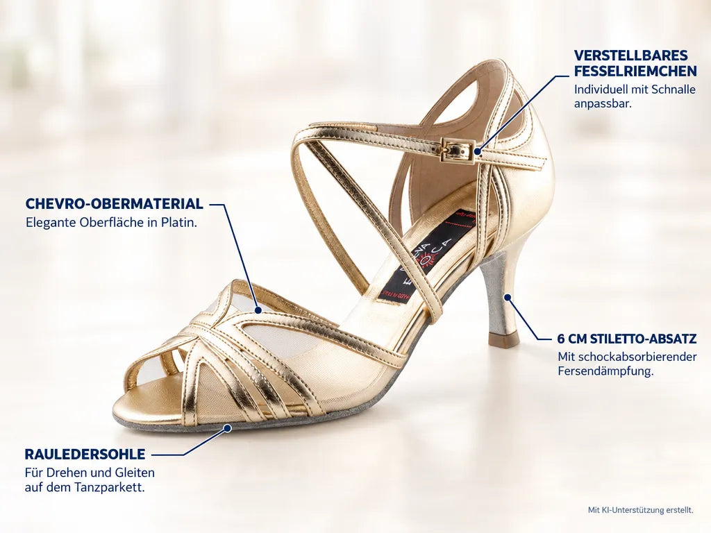 Nueva Epoca Damen Tanzschuhe Sierra – Produktinfografik, mit KI-Unterstützung erstellt.
