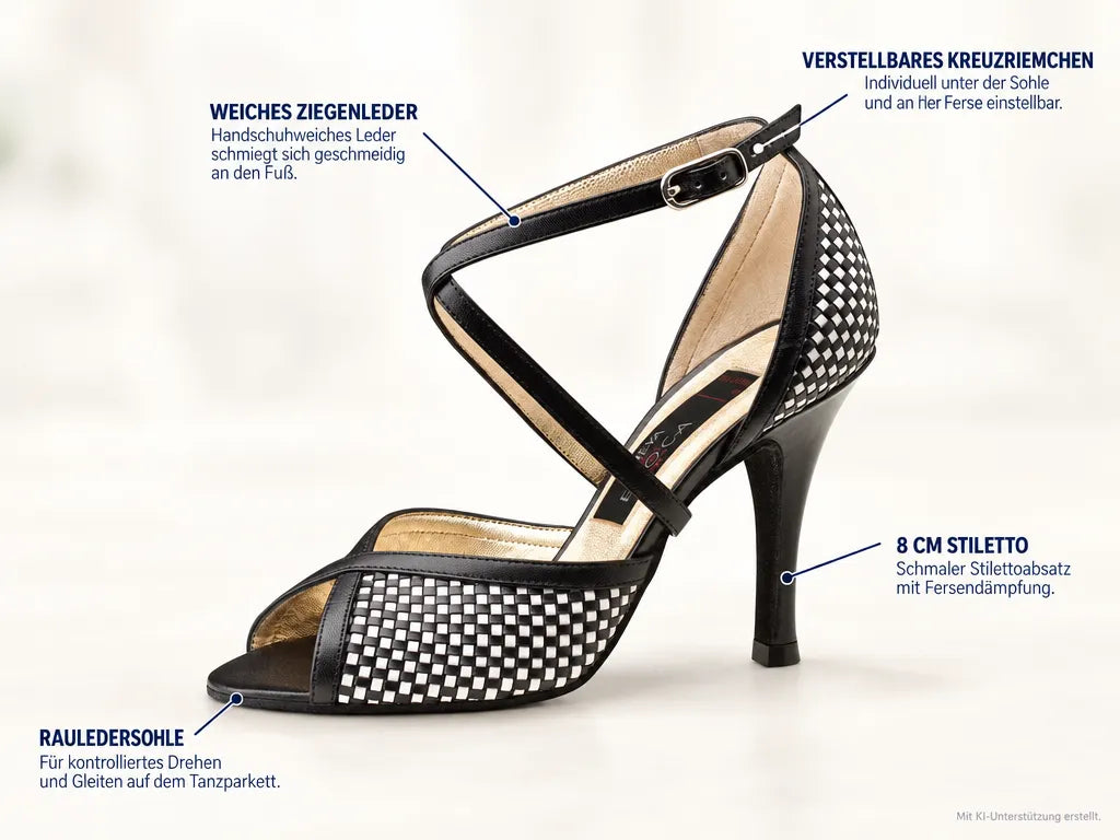 Nueva Epoca Damen Tanzschuhe Simona – Produktinfografik, mit KI-Unterstützung erstellt.