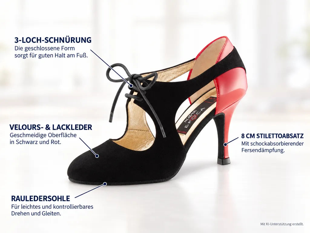Nueva Epoca Damen Tanzschuhe Talia – Produktinfografik, mit KI-Unterstützung erstellt.