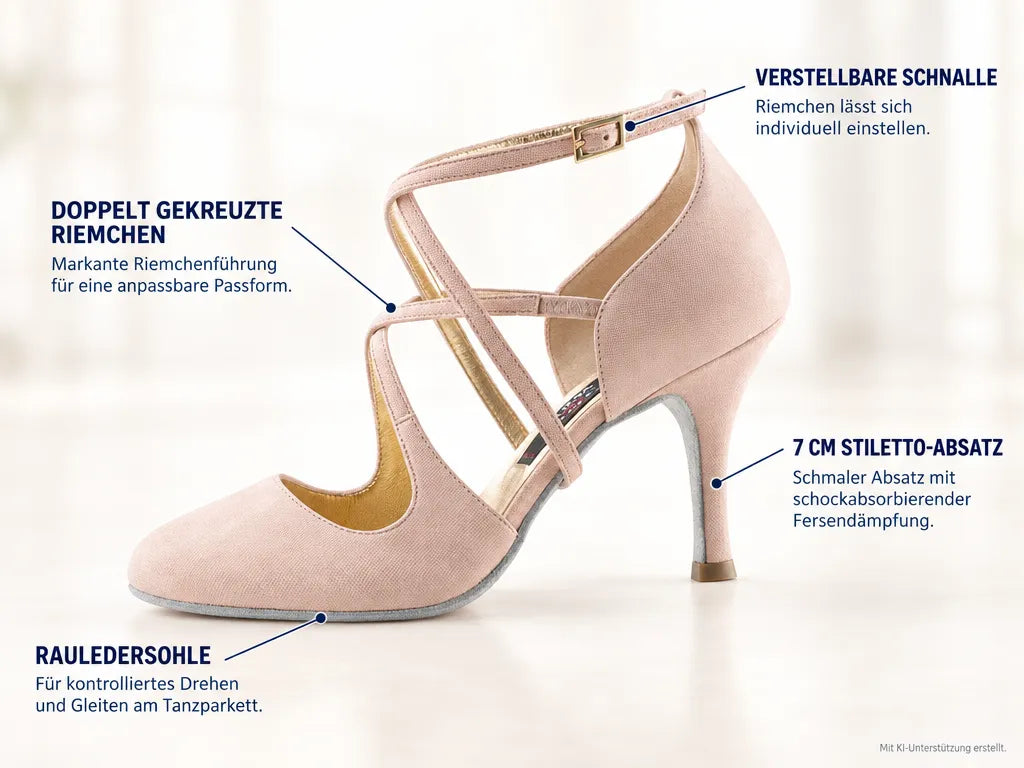 Nueva Epoca Damen Tanzschuhe Valeria – Produktinfografik, mit KI-Unterstützung erstellt.