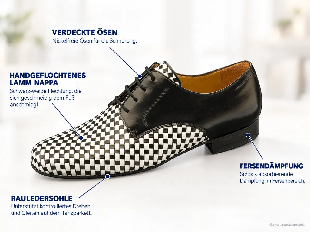 Nueva Epoca Herren Tanzschuhe Cordoba – Produktinfografik, mit KI-Unterstützung erstellt.