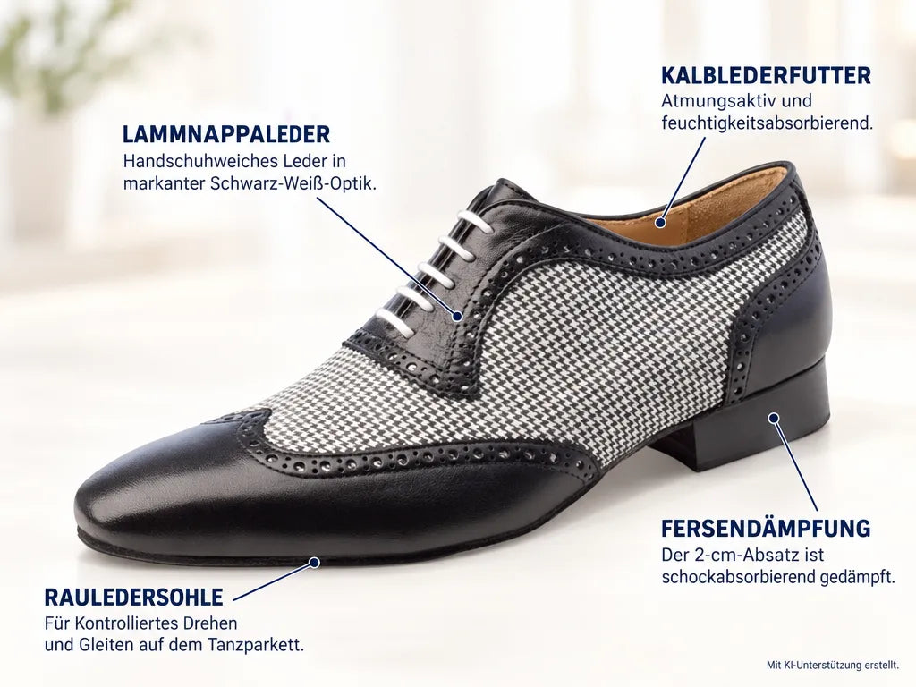 Nueva Epoca Herren Tanzschuhe Mambo – Produktinfografik, mit KI-Unterstützung erstellt.
