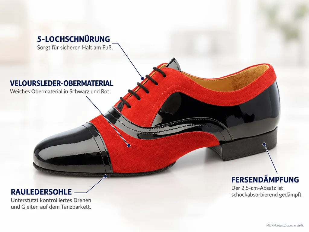 Nueva Epoca Herren Tanzschuhe Sucre – Produktinfografik, mit KI-Unterstützung erstellt.