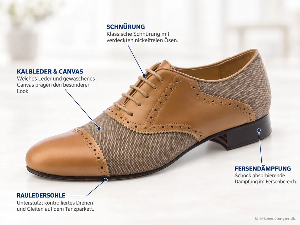 Nueva Epoca Herren Tanzschuhe Tadil – Produktinfografik, mit KI-Unterstützung erstellt.