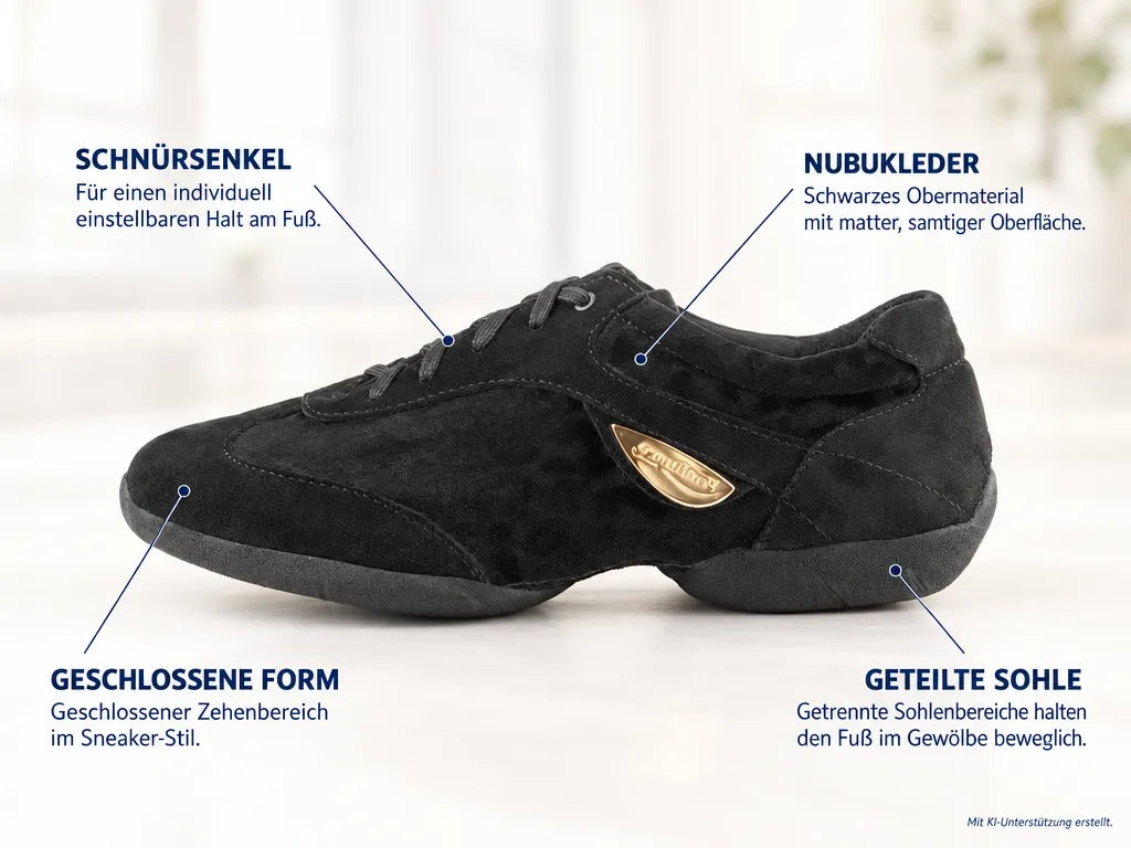 PortDance Damen Dance Sneakers PD02 – Produktinfografik, mit KI-Unterstützung erstellt.