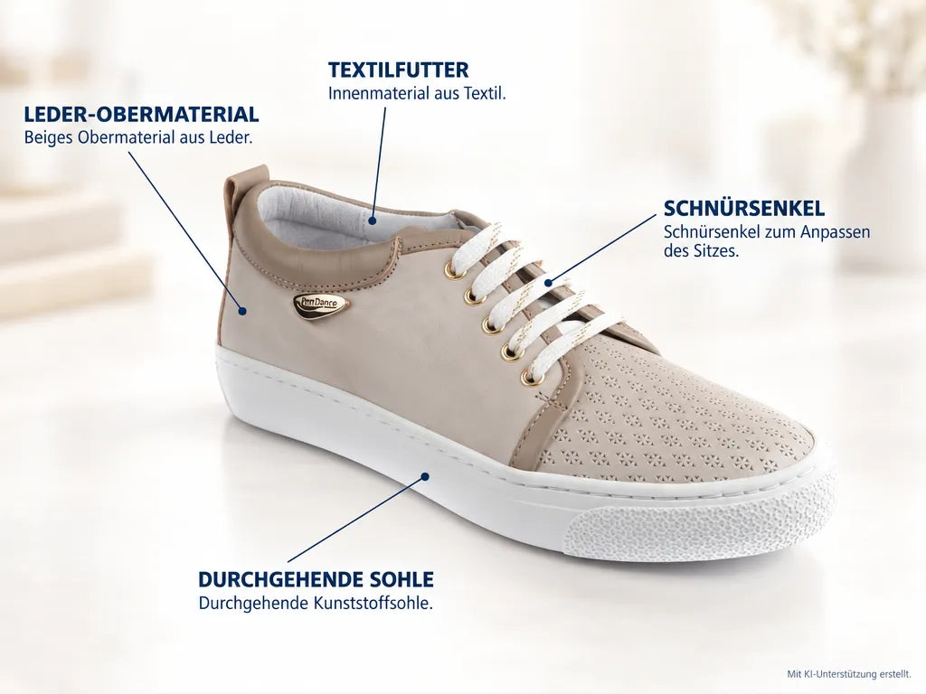 PortDance Damen Sneakers PD962 – Produktinfografik, mit KI-Unterstützung erstellt.