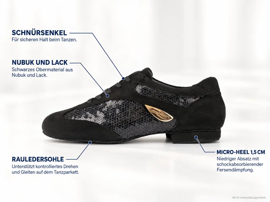 PortDance Damen Tanzschuhe PD01 – Produktinfografik, mit KI-Unterstützung erstellt.