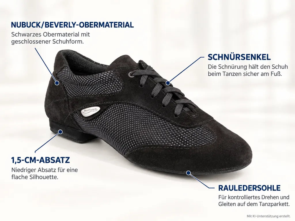 PortDance Damen Tanzschuhe PD07 – Produktinfografik, mit KI-Unterstützung erstellt.