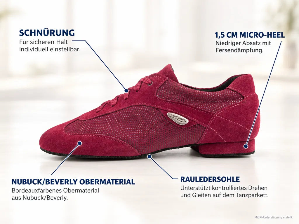 PortDance Damen Tanzschuhe PD07 – Produktinfografik, mit KI-Unterstützung erstellt.