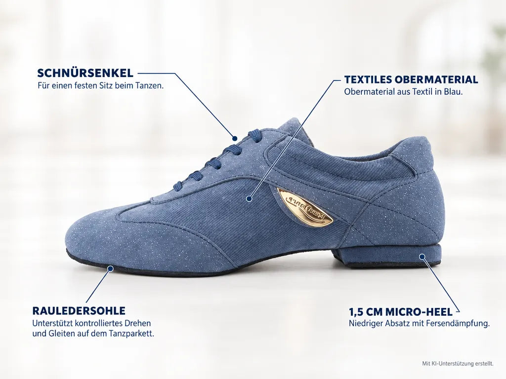 PortDance Damen Tanzschuhe PD07 Blau – Produktinfografik, mit KI-Unterstützung erstellt.