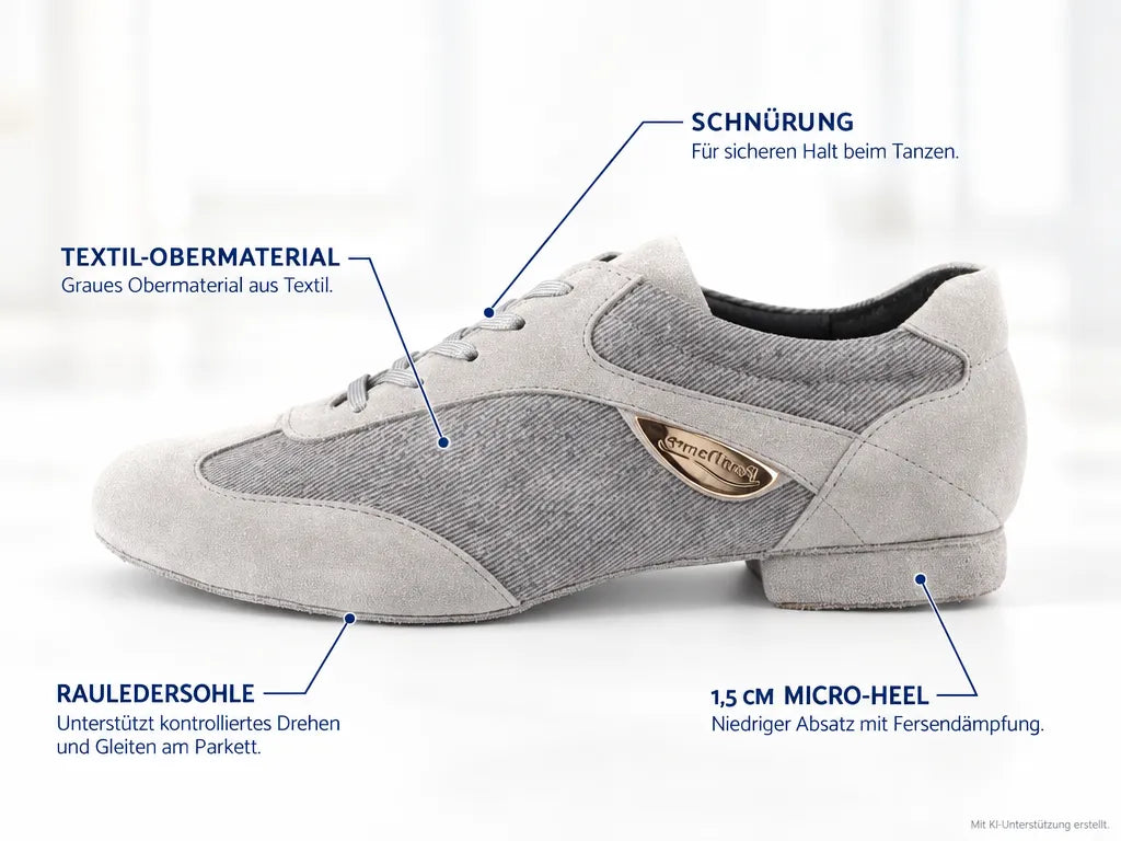 PortDance Damen Tanzschuhe PD07 Grau – Produktinfografik, mit KI-Unterstützung erstellt.