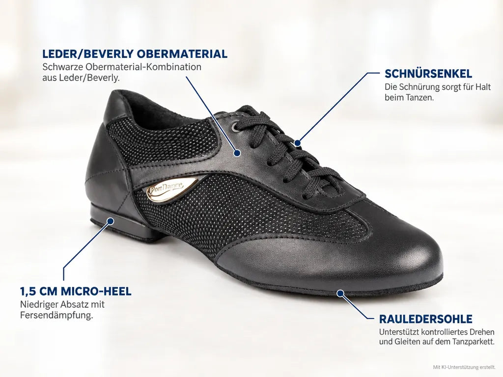 PortDance Damen Tanzschuhe PD07 Schwarz – Produktinfografik, mit KI-Unterstützung erstellt.