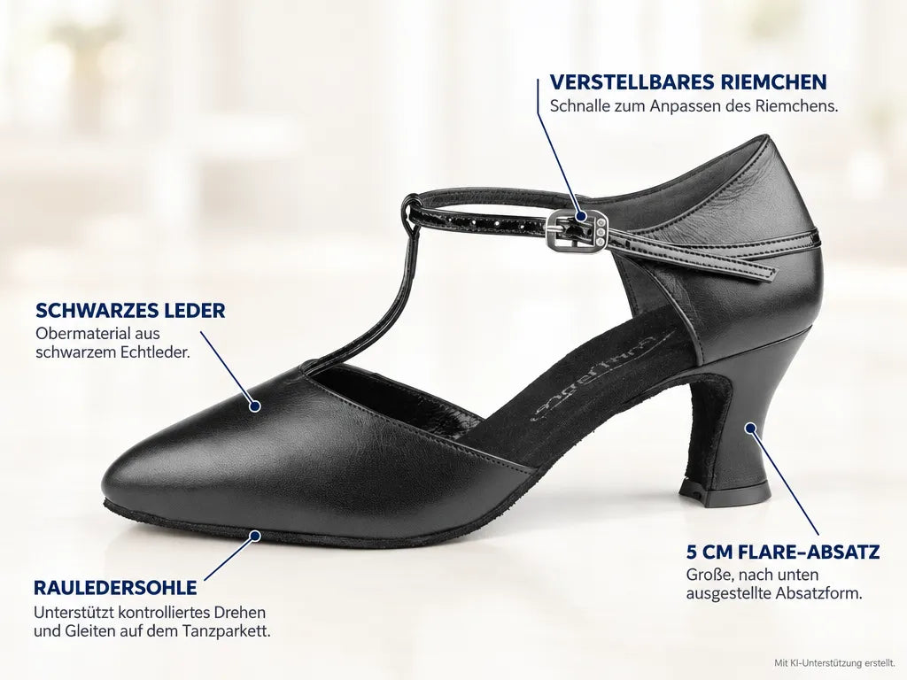 PortDance Damen Tanzschuhe PD112 – Produktinfografik, mit KI-Unterstützung erstellt.