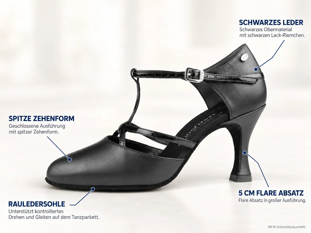 PortDance Damen Tanzschuhe PD121 5 cm – Produktinfografik, mit KI-Unterstützung erstellt.