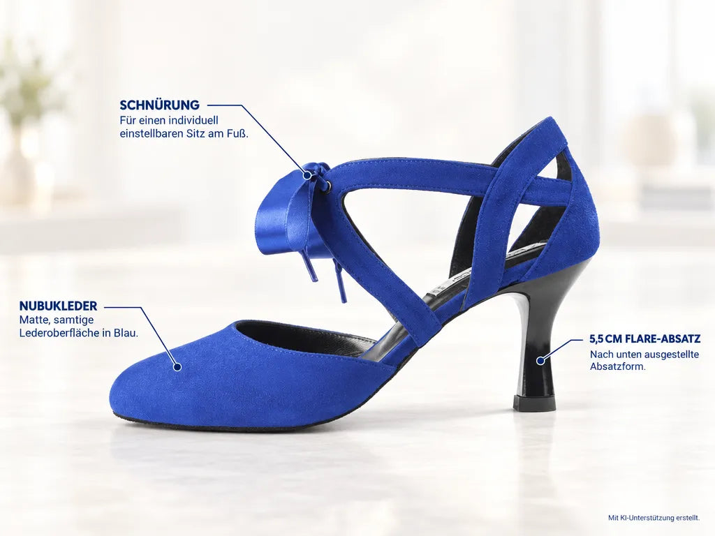 PortDance Damen Tanzschuhe PD125 Blau – Produktinfografik, mit KI-Unterstützung erstellt.