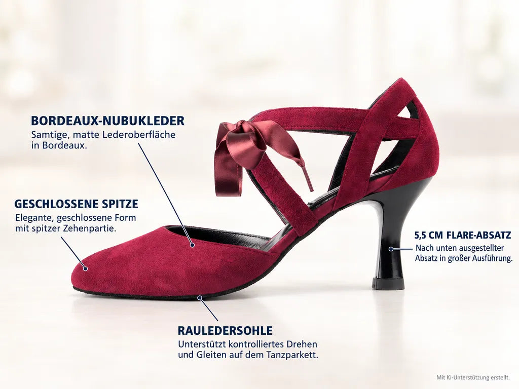 PortDance Damen Tanzschuhe PD125 Bordeaux – Produktinfografik, mit KI-Unterstützung erstellt.