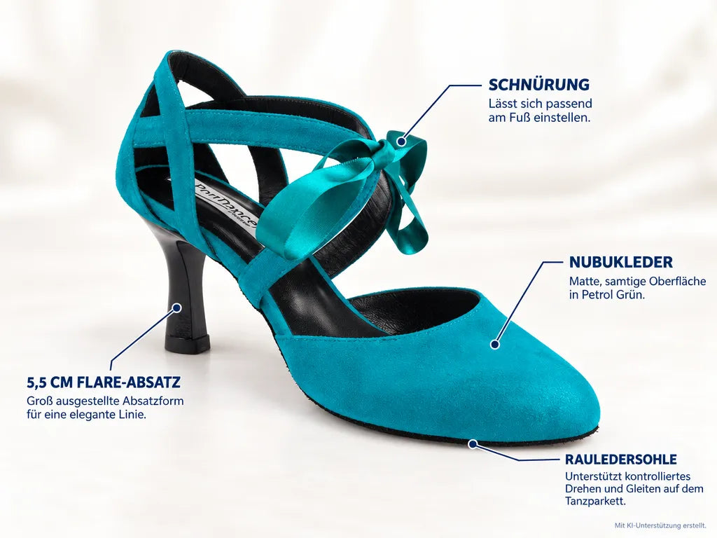 PortDance Damen Tanzschuhe PD125 Petrol – Produktinfografik, mit KI-Unterstützung erstellt.