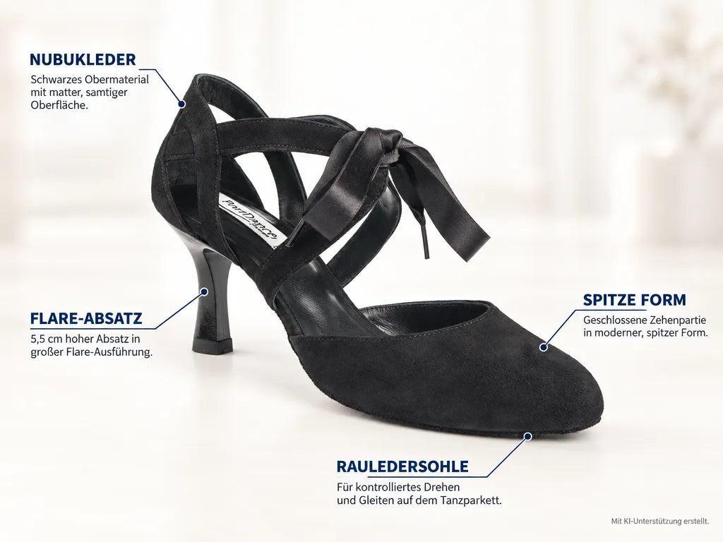 PortDance Damen Tanzschuhe PD125 Schwarz – Produktinfografik, mit KI-Unterstützung erstellt.
