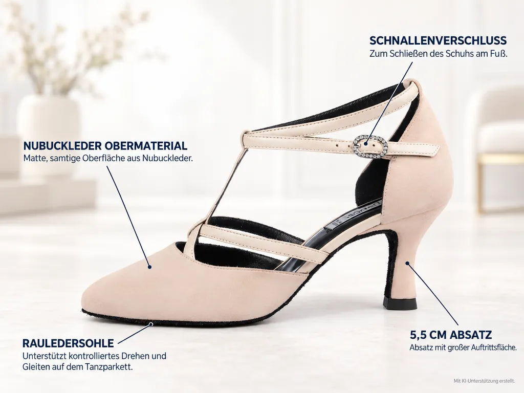 PortDance Damen Tanzschuhe PD127 – Produktinfografik, mit KI-Unterstützung erstellt.