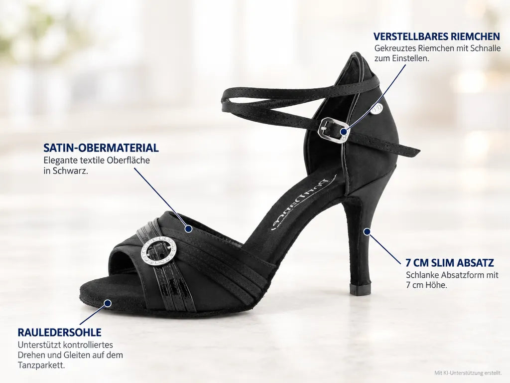 PortDance Damen Tanzschuhe PD136 – Produktinfografik, mit KI-Unterstützung erstellt.