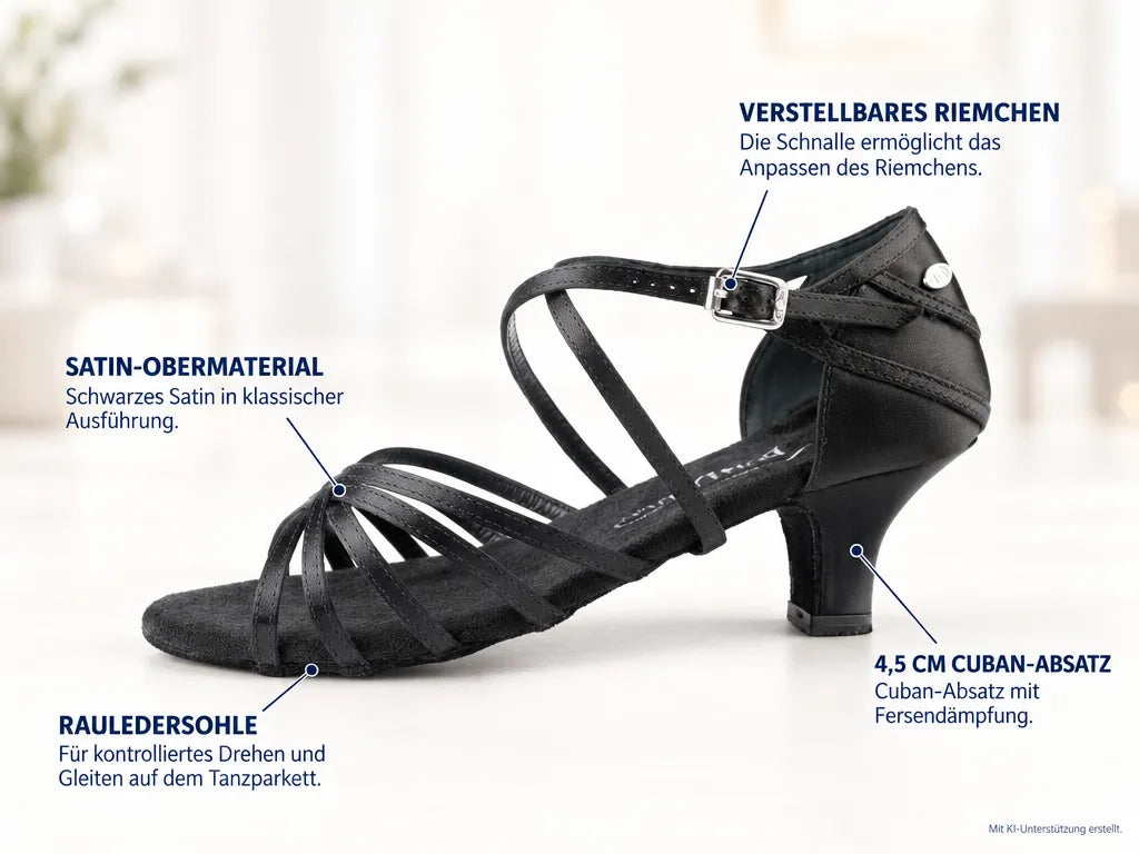 PortDance Damen Tanzschuhe PD301 Schwarz 4,5 cm – Produktinfografik, mit KI-Unterstützung erstellt.