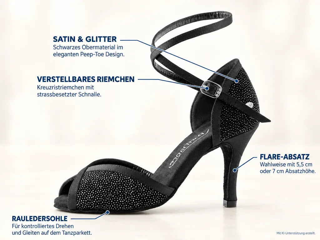 PortDance Damen Tanzschuhe PD500 – Produktinfografik, mit KI-Unterstützung erstellt.
