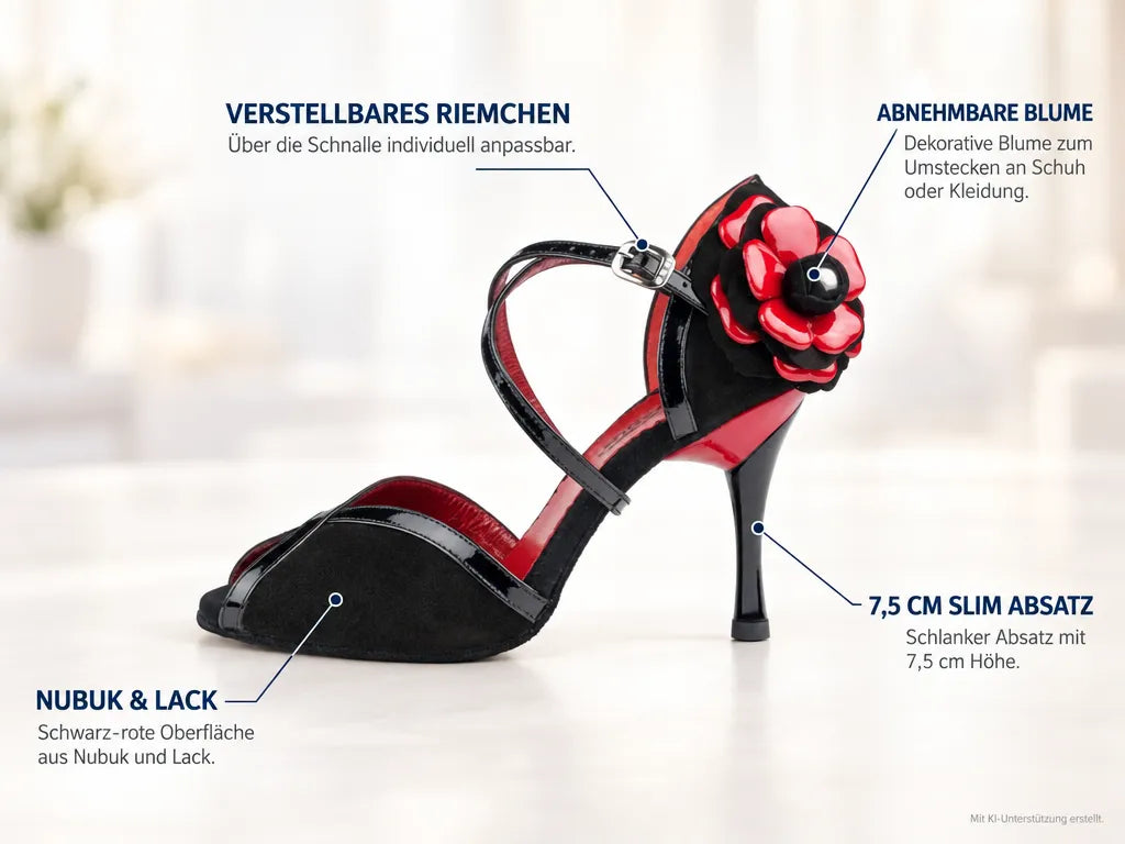 PortDance Damen Tanzschuhe PD501 Tango – Produktinfografik, mit KI-Unterstützung erstellt.