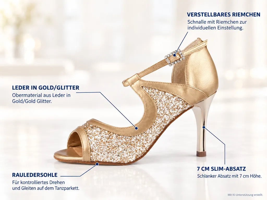PortDance Damen Tanzschuhe PD504 – Produktinfografik, mit KI-Unterstützung erstellt.