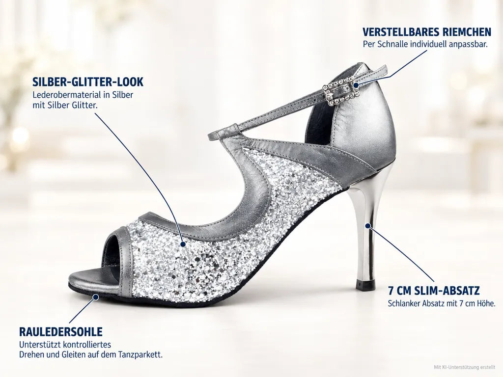 PortDance Damen Tanzschuhe PD504 – Produktinfografik, mit KI-Unterstützung erstellt.
