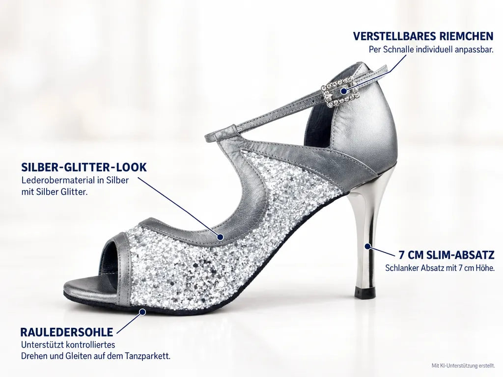 PortDance Damen Tanzschuhe PD504 – Produktinfografik, mit KI-Unterstützung erstellt.