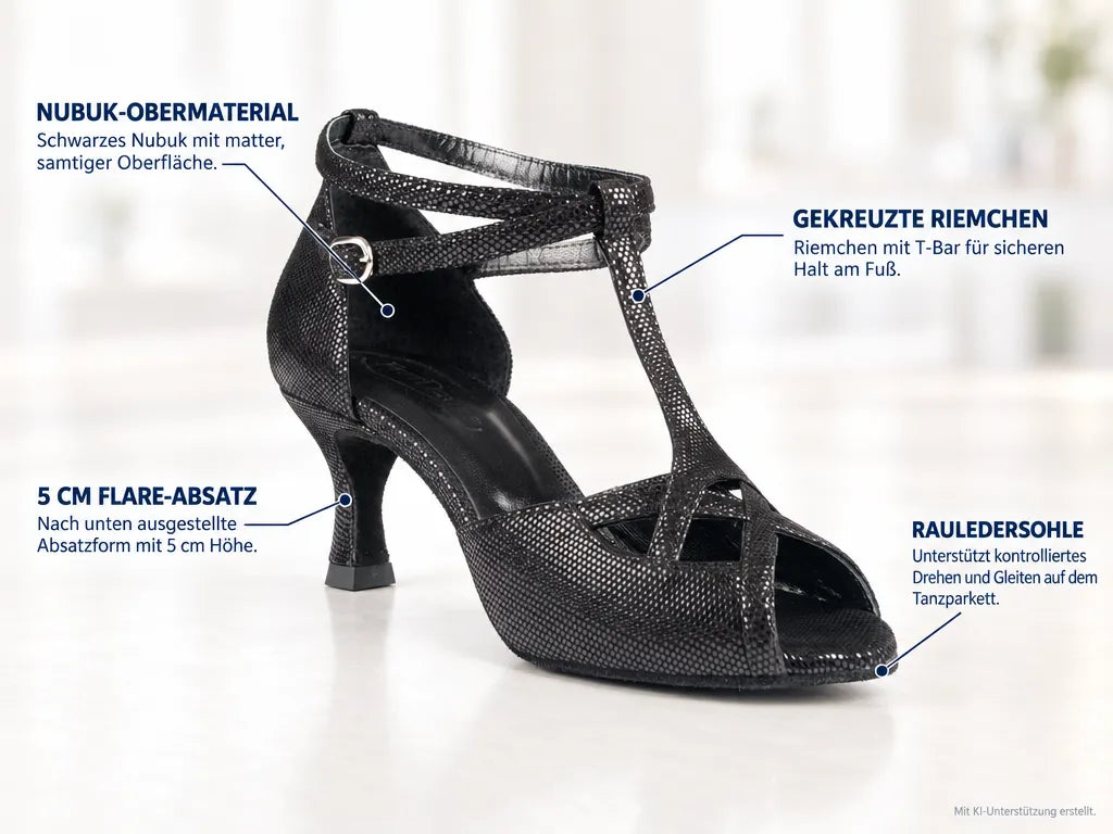PortDance Damen Tanzschuhe PD505 – Produktinfografik, mit KI-Unterstützung erstellt.