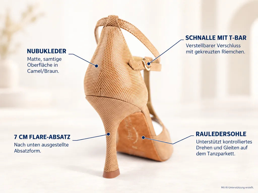 PortDance Damen Tanzschuhe PD505 – Produktinfografik, mit KI-Unterstützung erstellt.