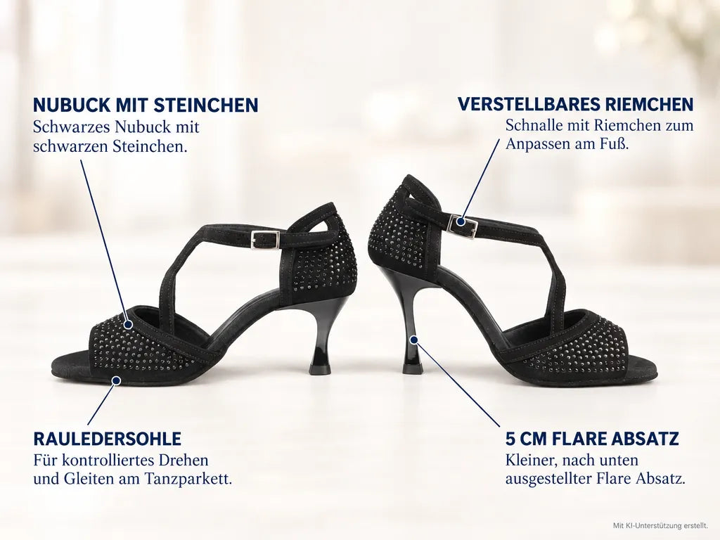 PortDance Damen Tanzschuhe PD507 – Produktinfografik, mit KI-Unterstützung erstellt.