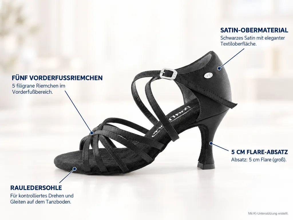 PortDance Damen Tanzschuhe PD631 | Schwarz | 5 cm Flare – Produktinfografik, mit KI-Unterstützung erstellt.