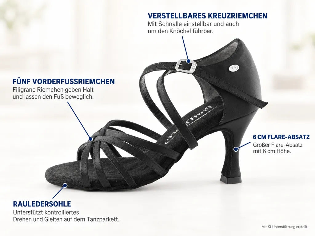 PortDance Damen Tanzschuhe PD631 | Schwarz | 6 cm Flare – Produktinfografik, mit KI-Unterstützung erstellt.